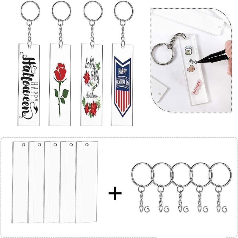 24/48x Rectangle Clear Acrylic Ornament Blanks Acrylic Keychain Blanks Set with Chain for DIY Project and Crafting