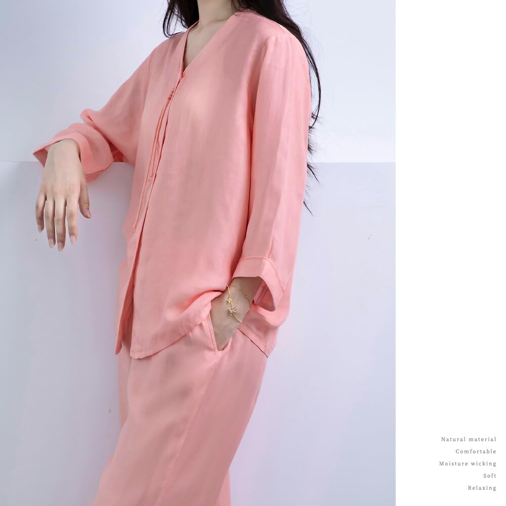 Yes Family Tencel Summer Open Size XL Women's 100% Double-Layered Pajamas, 3/4 Sleeves, Sleepwear, Front, Pink,