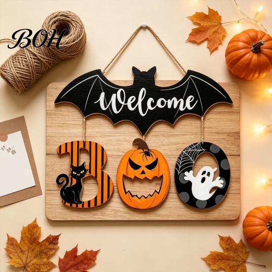 Natural Texture Holiday Sign Halloween BOO Door Sign, Wooden Ghost Evil Pumpkin Black Cat Hanging Welcome Festive for Spooky Bat Hanger Front