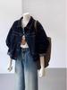Women's Petite Retro Denim Jacket - Dark Blue, Casual Pocket Design, Short Workwear Style for Spring and Autumn.