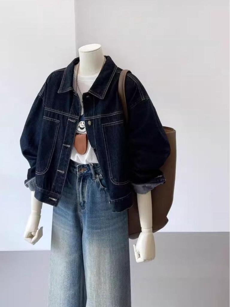 Damska Krótka Retro Kurtka Jeansowa - Granatowa, Casualowy Design z Kieszeniami, Krótki Styl Roboczy na Wiosnę i Jesień.