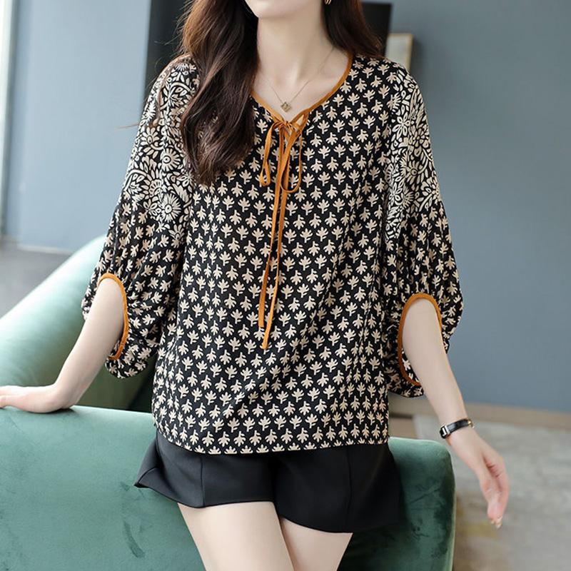 Elegant Fashion Bow Drawstring Printing Patchwork Chiffon Shirt Summer  O-Neck Half Sleeve Pullovers Blouse Women's Clothing