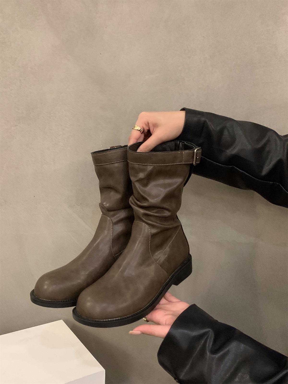 

Ретро полусапожки на толстом каблуке, рыцарские сапоги, женская обувь 2024, новые осенне-зимние присборенные короткие сапоги, ботинки Мартин 40 темно-коричневого