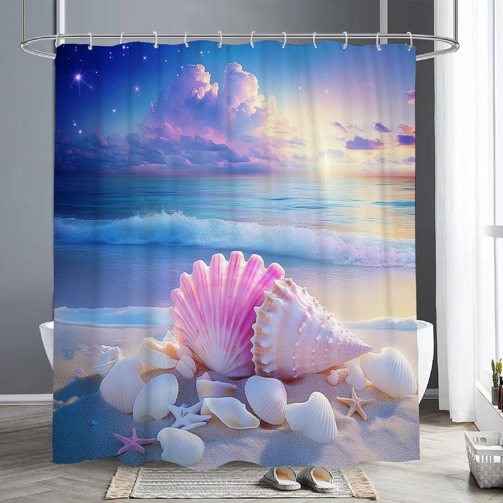 Ocean Beach Shell Starfish Printed Shower Curtain, Bathroom Decorative Shower Curtain,Waterproof Shower Curtain with Hooks