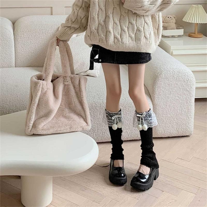 Lolitas Plush Ball Ruffle Frilly Leg Warmers Knitted Leg Sleeves Goth Crochet Ankle Heap Socks JK Uniform Foot Cover