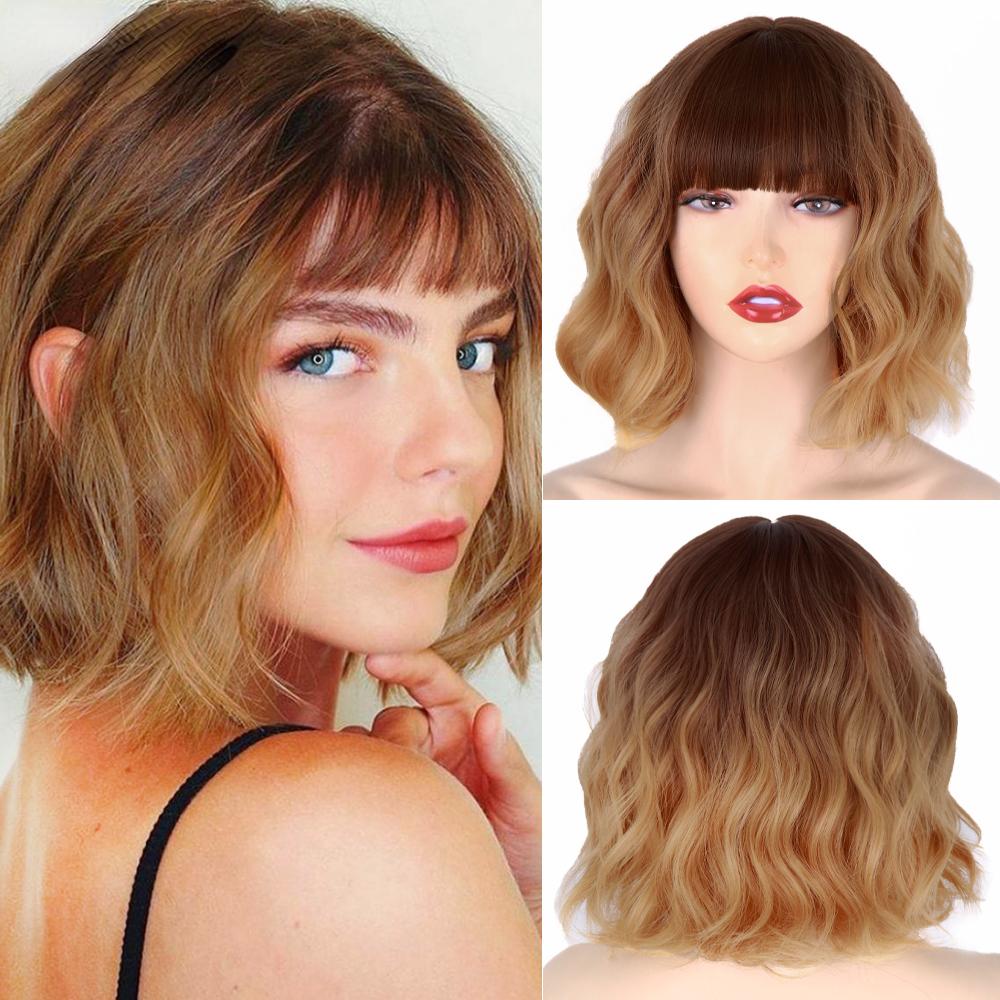 MERISIHAIR Brązowe krótkie peruki Bob Wave z grzywką Blond dla kobiet Naturalne odporne na ciepło syntetyczne peruki Codzienne noszenie Cosplay Kręcone włosy