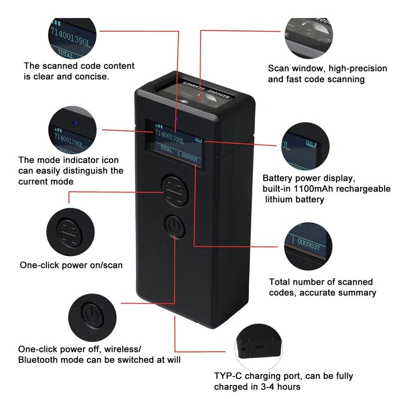 Portable 2D Barcode Scanner 2.4G Wireless Bluetooth Handheld Mini 1D 2D QR Code Scanners With Storage Functio for Android IOS