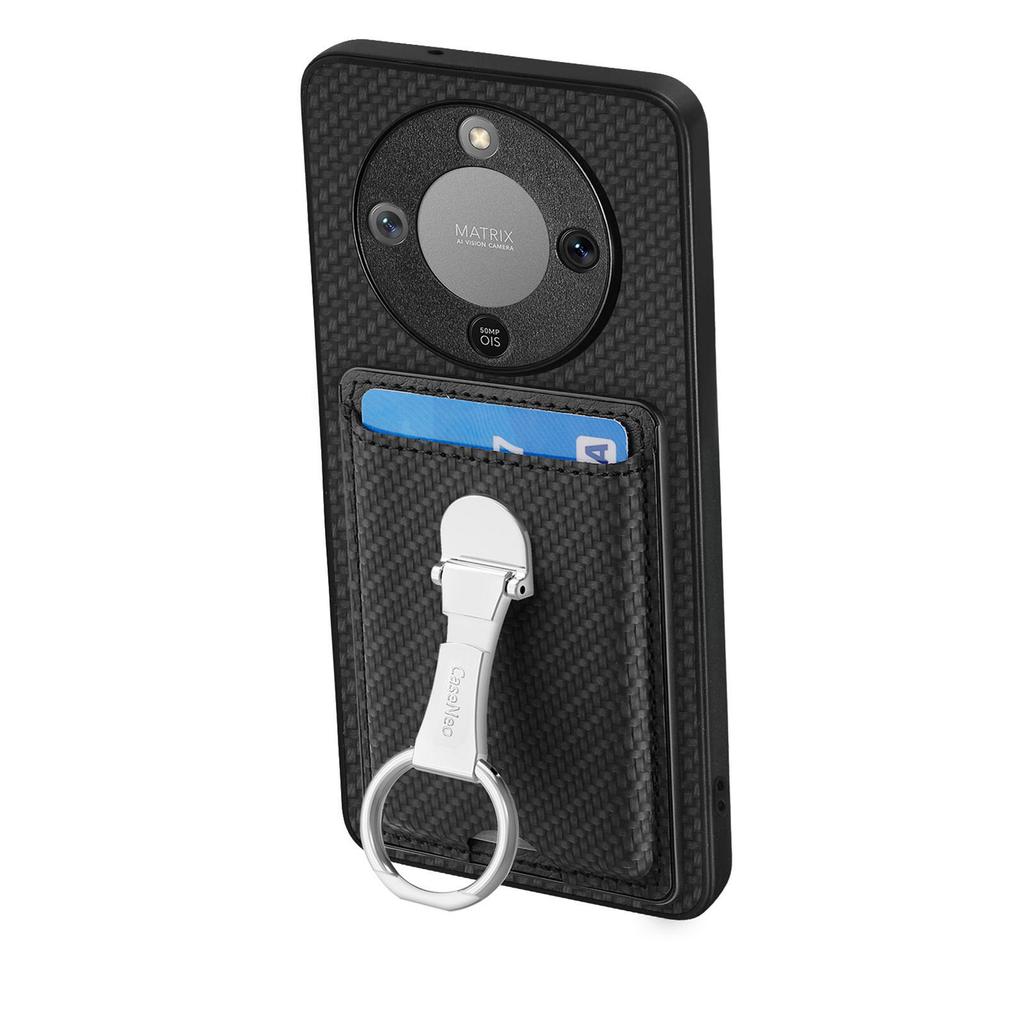 CASENEO Telefondeksel For Honor Magic8 Lite 5G / X9d 5G / X70 5G Lær Bakdeksel med Støtte og Kortplasser Karbonfibertekstur