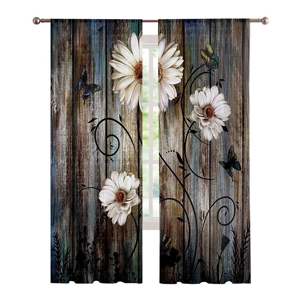 Vintage Holzmaserung Blumendruck Vorhänge mit Stangentaschen für Schlafzimmer Wohnzimmer Arbeitszimmer Dekorative Vorhänge Heimdeko