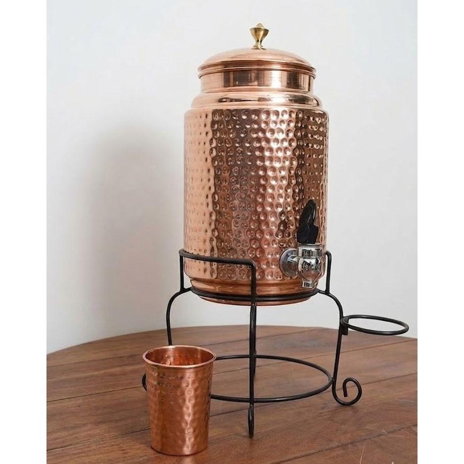 Copper Water Dispenser Set, 5 Litres, with Stand, 1 Glasses and ABS Tap, HaMmered Design (HaMmered Natura)