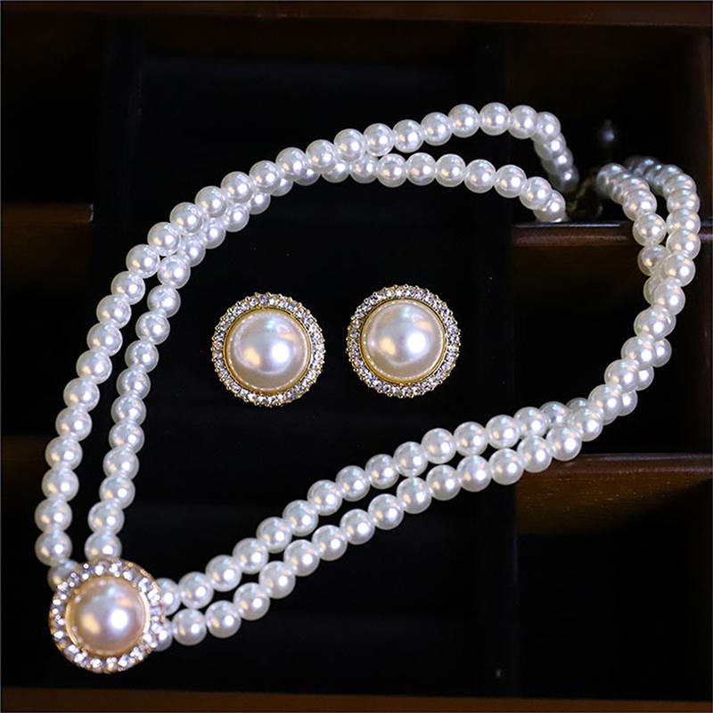 Elegant Vintage Pearl Necklace Earring Set Women Party Wedding Daily Decoration Jewelry