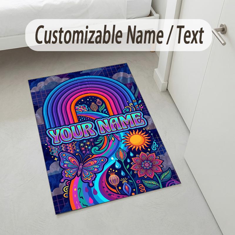 Rainbow Dreams Theme Soft Crystal Velvet Rug Custom Name & Text Print Non Slip Floor Rug for Bedroom Living Room