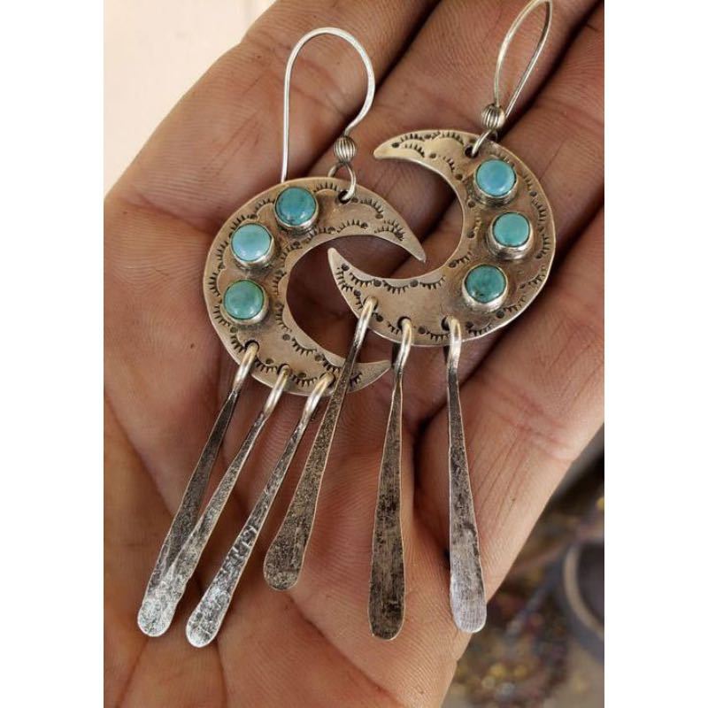 Vintage Moon Turquoise Fringed Earrings Tribal Ethnic Style Geometric Long Rod Alloy Handmade Earrings Jewelry серебряный