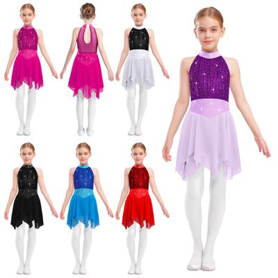 Girls Figure Skating Dress Sleeveless Sparkle Rhinestones Irregular Chiffon Hem Lyrical Dance Costume