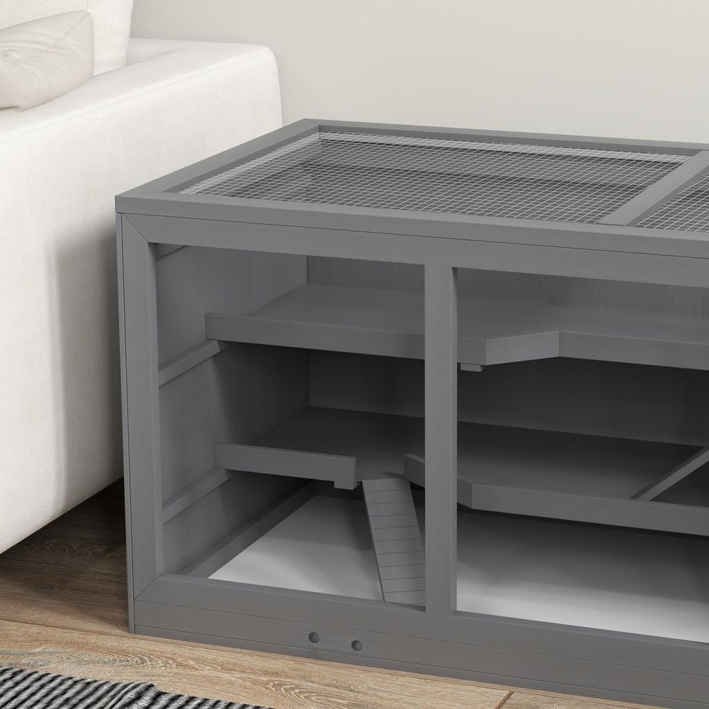 Wooden Hamster Cage, Small Animals Hutch with Tray, Openable Top, Exercise Play House Pen, 115L x 57W x 55Hcm, Grey