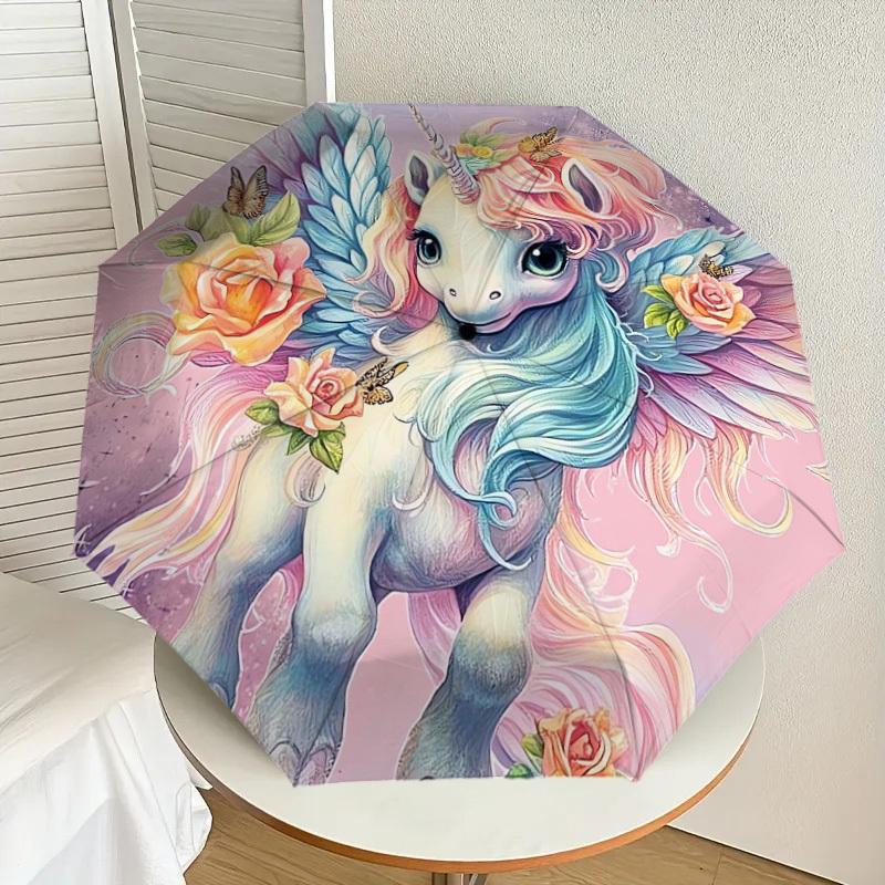 1pc Unicorn Fantasy with Cherry Blossoms Umbrella with Plastic Handle,Suitable for All Seasons Home Travel Outdoor UmbrellaDD440