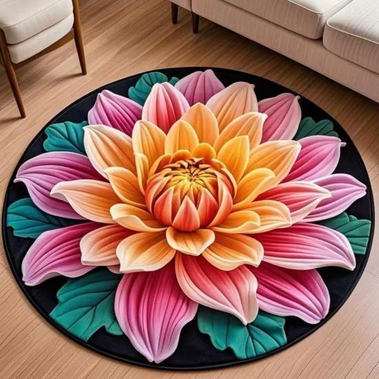 Floral Plush Floor Mat 3D Optical Illusion Round Small Area Rug Non-Slip Absorbent Carpet