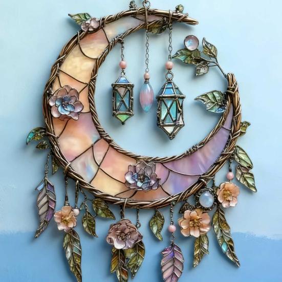 Crescent Moon Floral Acrylic Suncatcher Stained Glass Effect Window Hanging Ornament Boho Sun Catcher Panel for Bedroom Garden Home Decor