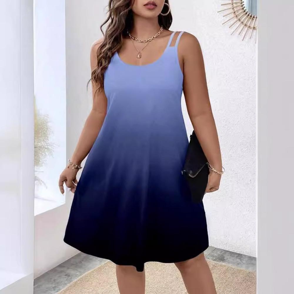 

Плюс размер Европейская и Американская трансграничная новая женская одежда без рукавов с круглым вырезом и градиентным узором платье 2XL синий