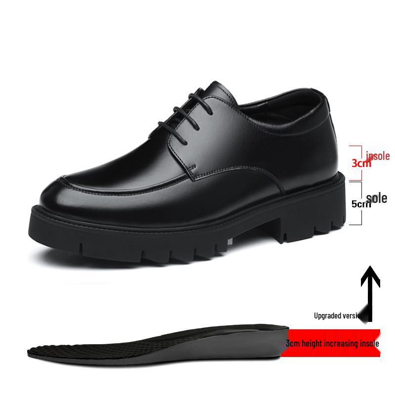 Men's Formal Leather Shoes, Autumn Style, 8CM Inner Lift, Thick Sole, Lace-up, Trendy Big Toe Design.