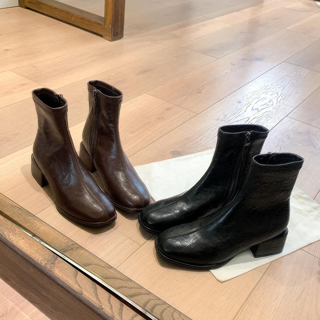 Cowhide Version French Square Head Leather Thick Heel Short Boots Small Ankle Boots Women's Autumn and Winter New Medium and High Heel Elastic Thi