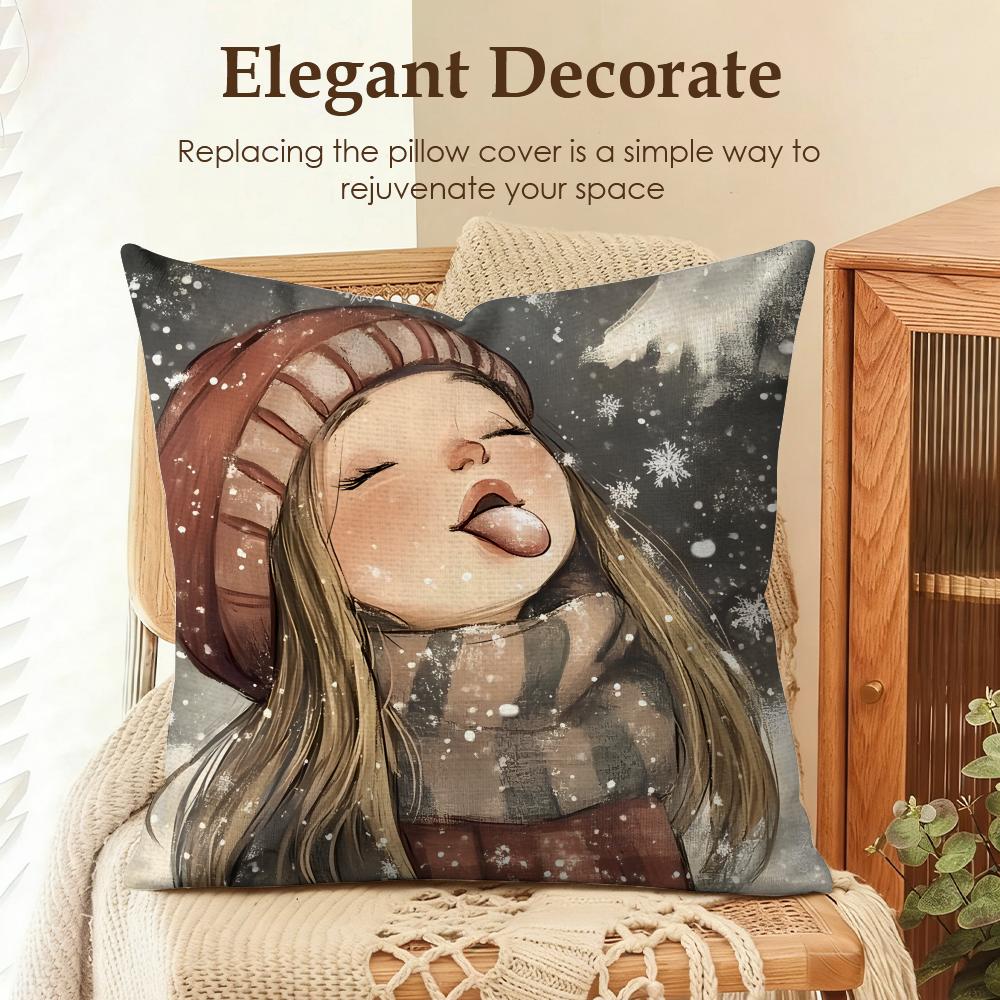 Cute Girl Winter Christmas Cushion Cover Natural Linen Organic Fabric DoubleSided Printing Sofa Home Decor Gift Pillow Case