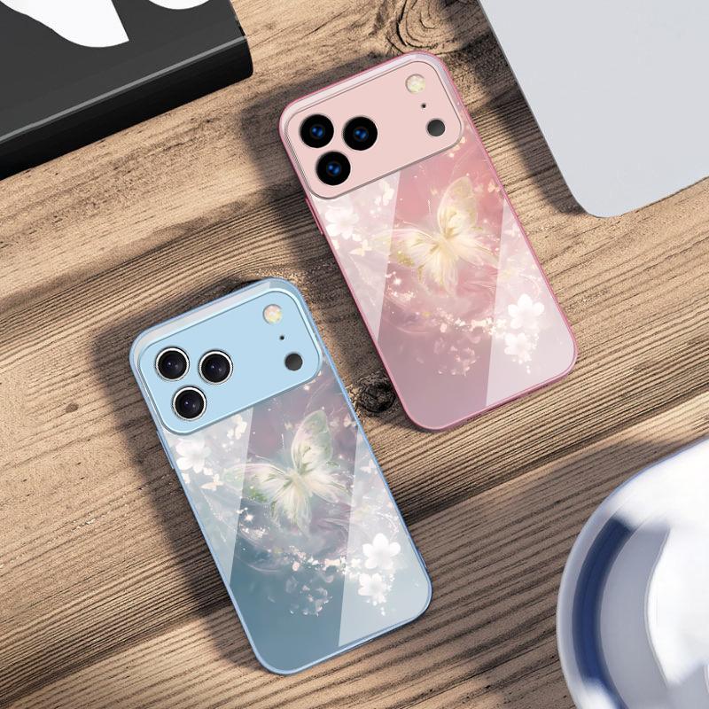 Fluture visător cu dungi Pentru iPhone 17 Air 16 E 15 14 13 Plus 12 mini 11 17 Pro Max XR Xs Max 16E 7 8 Carcasă de telefon din sticlă securizată