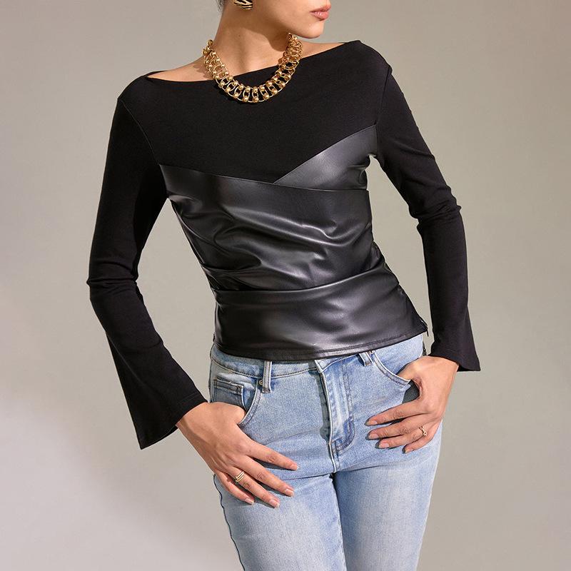 Autumn Bell Sleeve Faux Leather Patchwork Knit Top for Women