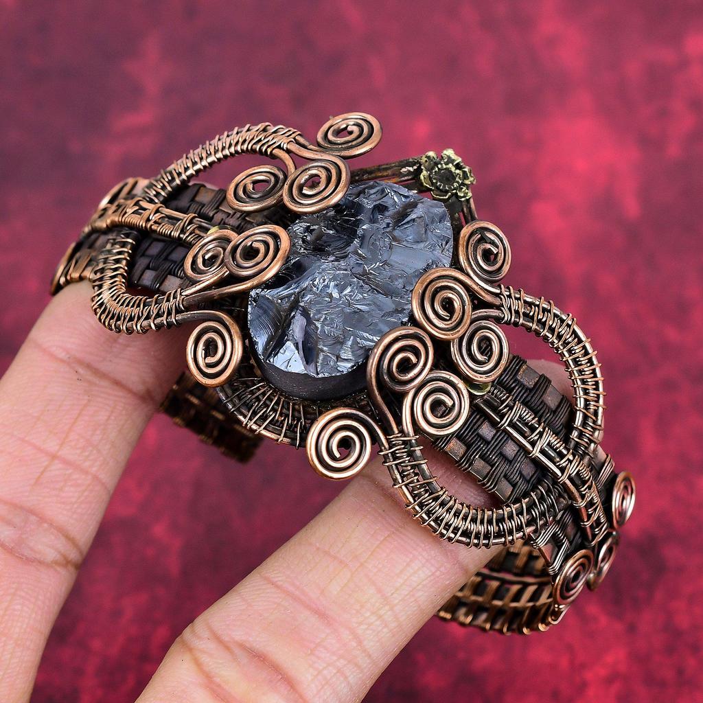 Shungite rough cuff bracelet copper wire wrapped jewelry adjustable bangle natural gemstone handmade bangle copper wire wrap cuff bracelet