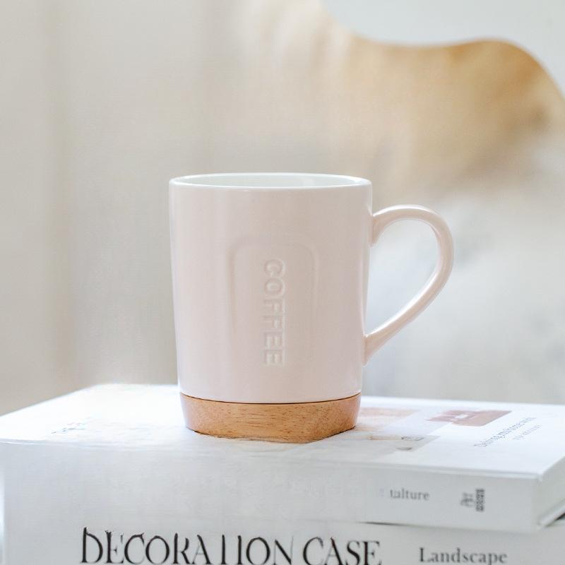 Modern Simple Office Coffee Cup with Wooden Mat Ceramic Relief Cup High Value Mug Home Exquisite Drinking Cup