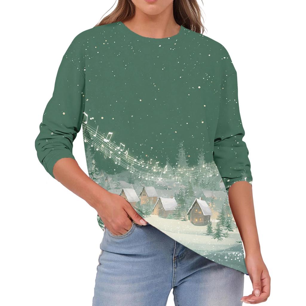 Women's Fashion Casual Christmas Print Round Neck Solid Color Long Sleeve Top