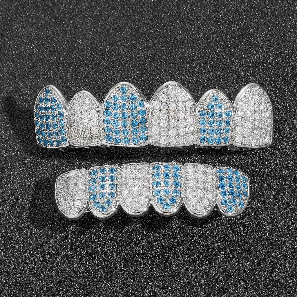 Hip Hop Blue & White Zircon Six-Tooth Grillz - Micro-Paved Zircon Costume Accessory