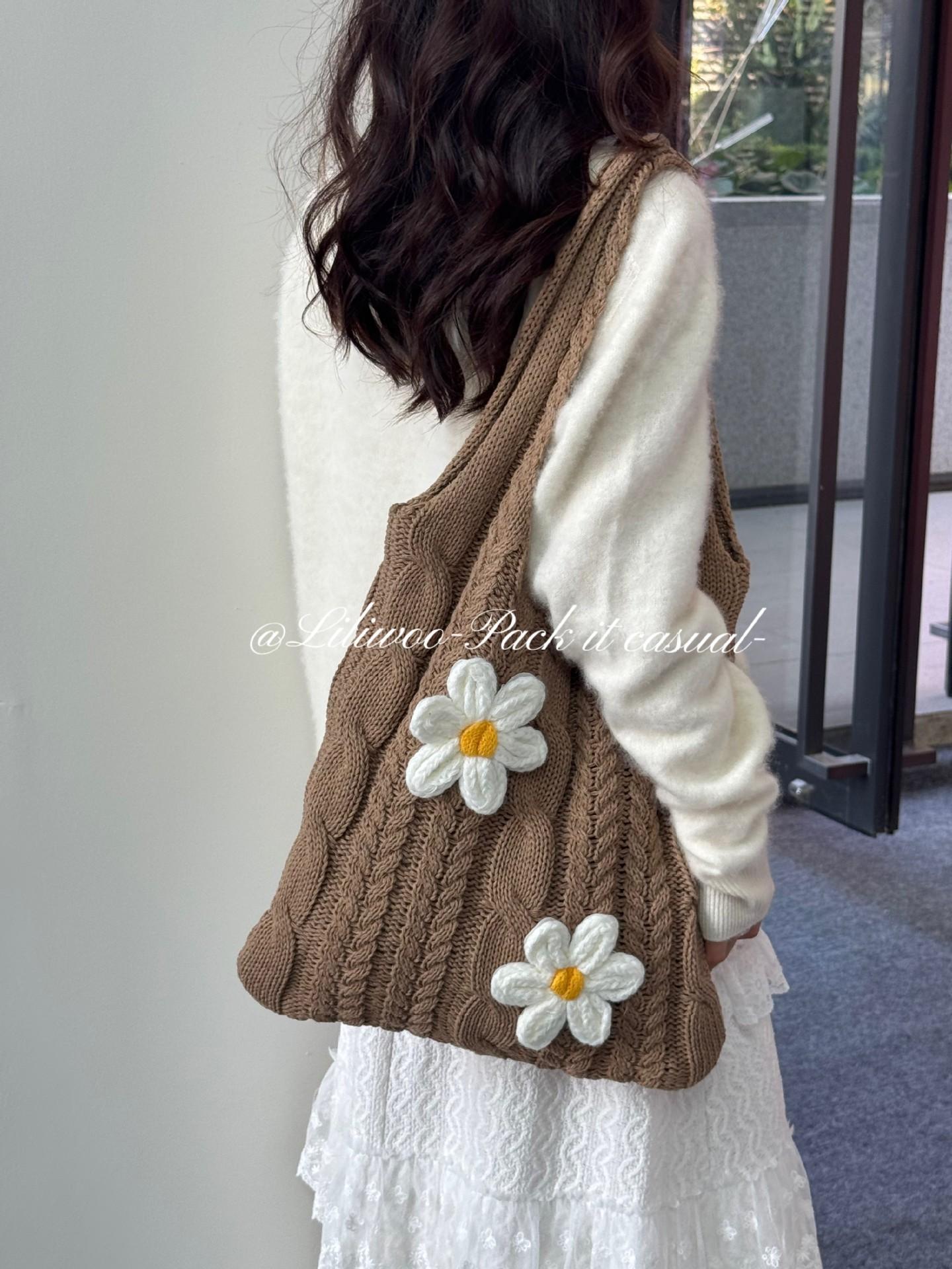 Korean Lazy Style Knitted Bag, Forest Style Chrysanthemum Flower Bag, Gentle And Sweet Versatile Woven Bag, Knitted Bag