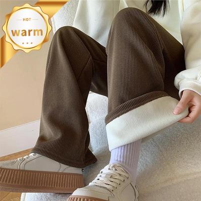 Pantaloni ocazional de damă Pantaloni de cadou de pluș și îngroșat Pantaloni largi Pantaloni drepți maro Călduș Confortabil Simplu Culoare uni Toamnă și iarnă
