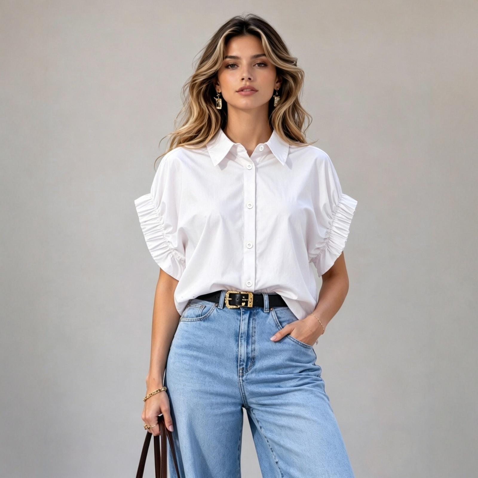 

Women Ruffled Short Sleeve Loose Fit Shirt Button Down Collared Blouse Casual Lightweight Top for Daily Wear S белый