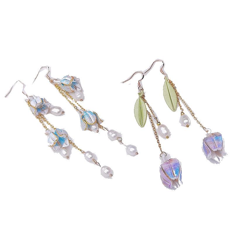 Retro Handmade Flower-Wrapped Earrings, Antique High-End Earrings, Earrings, Lily Of The Valley Long Pearl Decorative Earclip Jewelry, Women