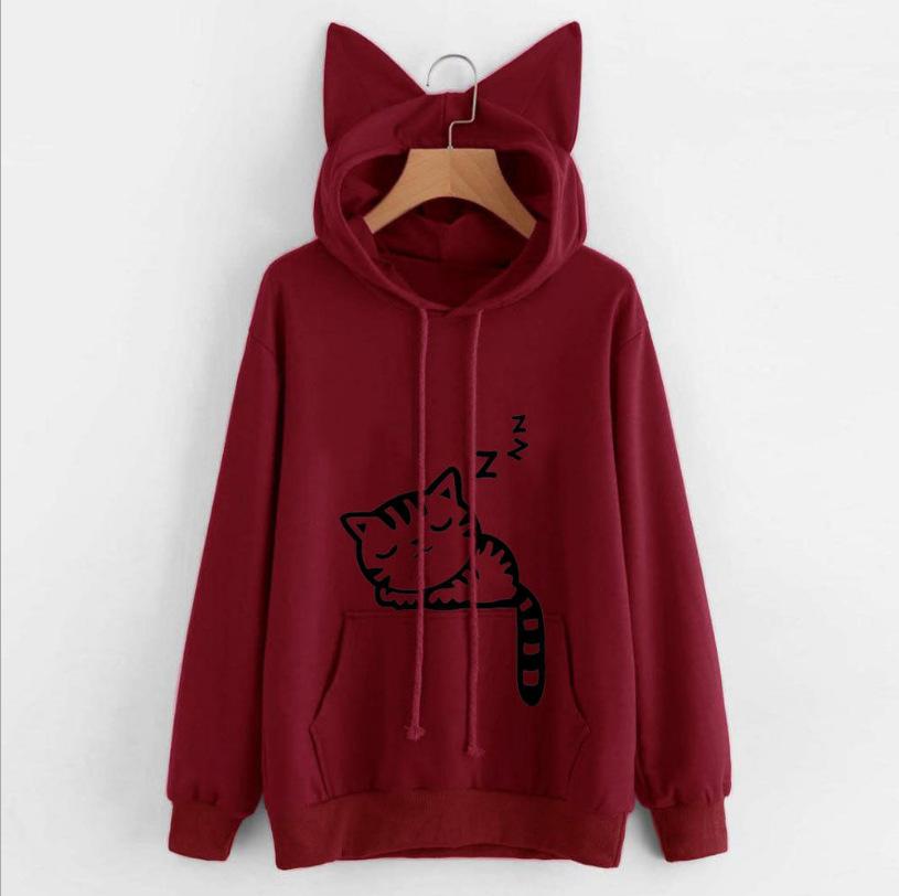 Plus Size Women Sweatshirt Cat Ear Funny Hoodie Kawaii Print Cat Cartoon Autumn Loose Casual Sweatshirts
