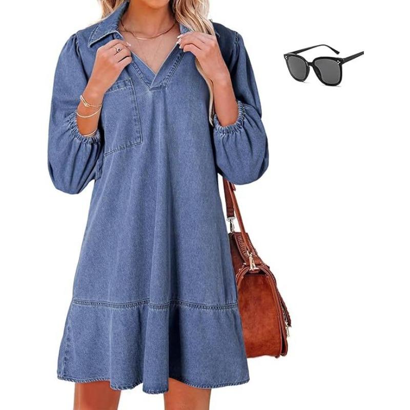 European and American foreign trade denim dress new loose top group casual V-neck seven-point bubble sleeves