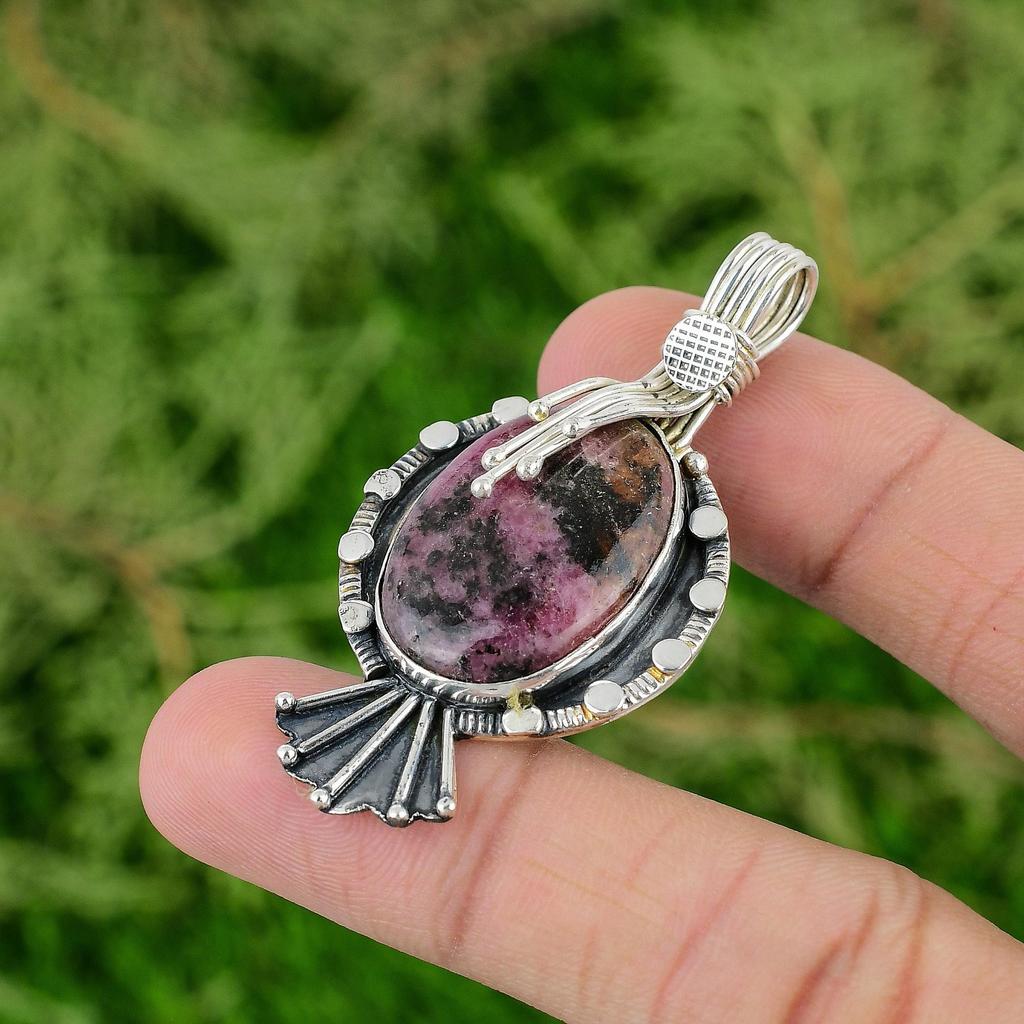 Daughters Day Sale 925 Sterling Silver Natural Rhodonite Handmade Ethnic Pendant