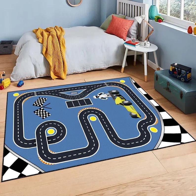 Race Track Kids Rug Car Play Mat Road Map Carpet Boys Room Decor Soft Playroom Rug, Educational Toddler Carpet Nursery Rug Gift
