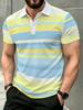 1pc Men'S Short Sleeve Polo Shirt, Multi-Size Available, Collar Button Design, Light Yellow Blue White Striped, White Lapel Short Sleeve Top, Suitable