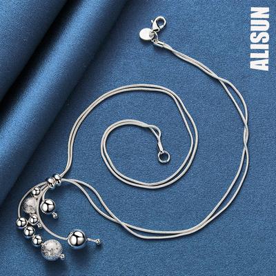 925 Sterling Silver Double Snake Chain Matte Smooth Bead Necklace Fashionable Wedding Jewelry