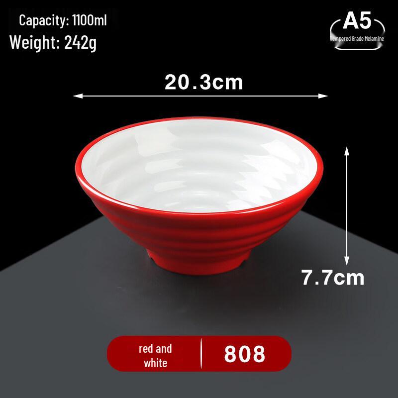 A5 Melamine 8-inch Red & White Ramen & Soup Bowls (Pack of 10)
