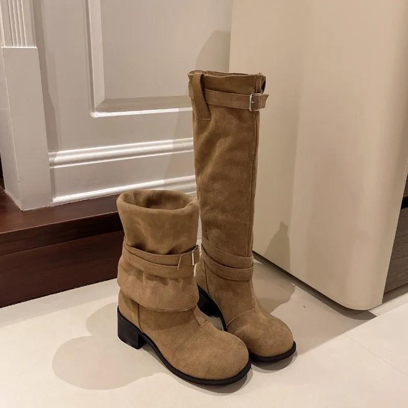 Mode 2024 Frühling und Herbst Heißverkaufende Damenstiefel Mode Runde Zehe Einfarbig Mittelhoch Absatz Schnalle Schaft Damen Hohe Stiefel
