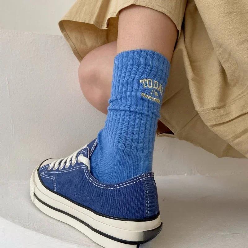 Funny Socks Cotton Embroidery Letter Today I’m Awesome Japan Korean Designer Socks Couple Mid-tube Sock Sports for Men Women