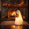 Easy to Wear Halloween Set Glowing Ghost Costume with Witch Hat & Pumpkin Tote Bag, LED Reusable Festival Clothing Light Up Fabric Outfit for