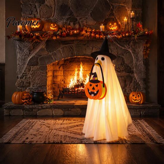 Easy to Wear Halloween Set Glowing Ghost Costume with Witch Hat & Pumpkin Tote Bag, LED Reusable Festival Clothing Light Up Fabric Outfit for