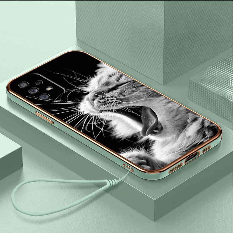 Luxury Plated TPU Phone Case With Lanyard for Samsung Galaxy A04 A05s A13 A14 A24 A54 A34 Note20 S23 Ultra Cases A41 Cool Cat Black Design Art Cover