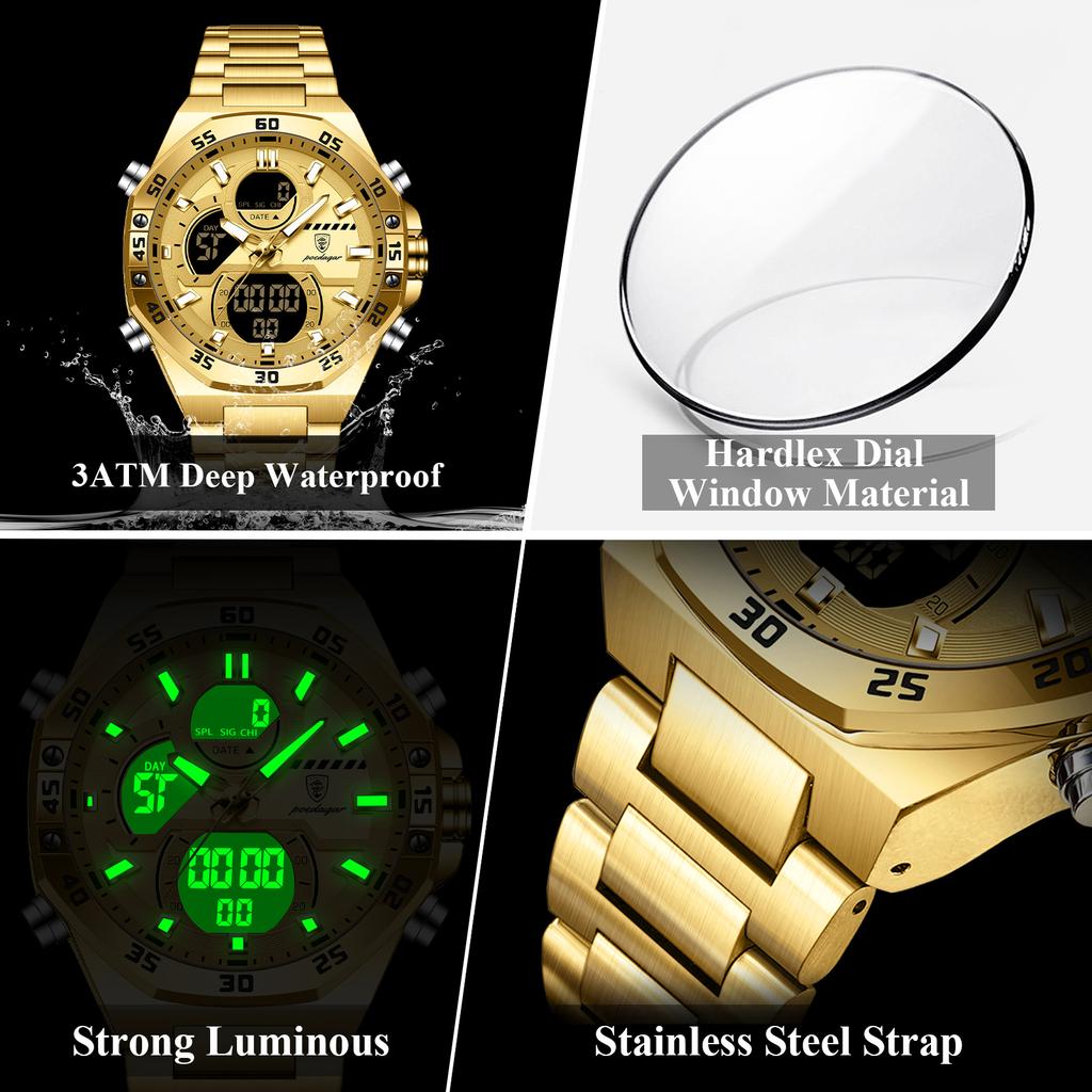 POEDAGAR Top Original Men Clock LED Luminous Waterproof Week Date Man Wristwatch Electronic Stainless Steel Quartz Men's Watches