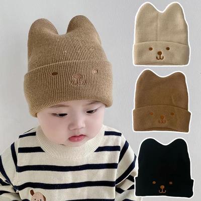 Mignon dessin animé broderie bébé Bonnet chapeau automne hiver chaud infantile tricoté calottes couleur unie belles oreilles enfant en bas âge enfants Bonnet